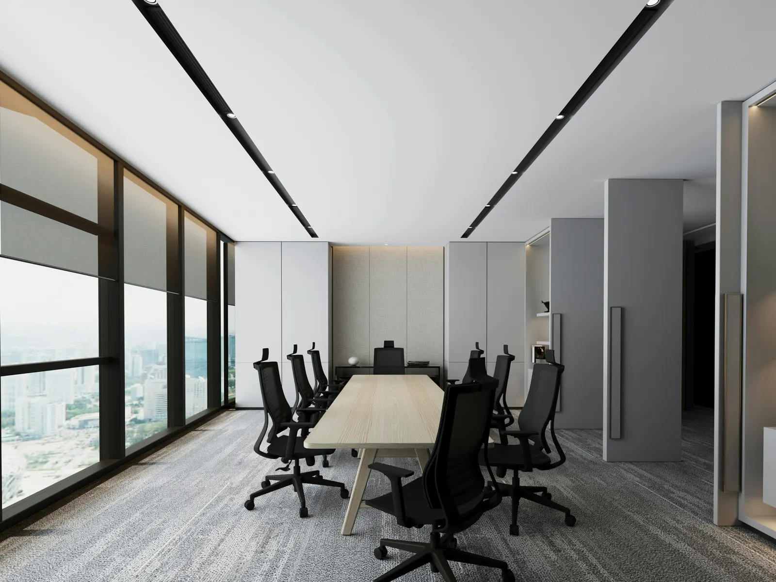 Boardroom with recessed linear lighting over the table