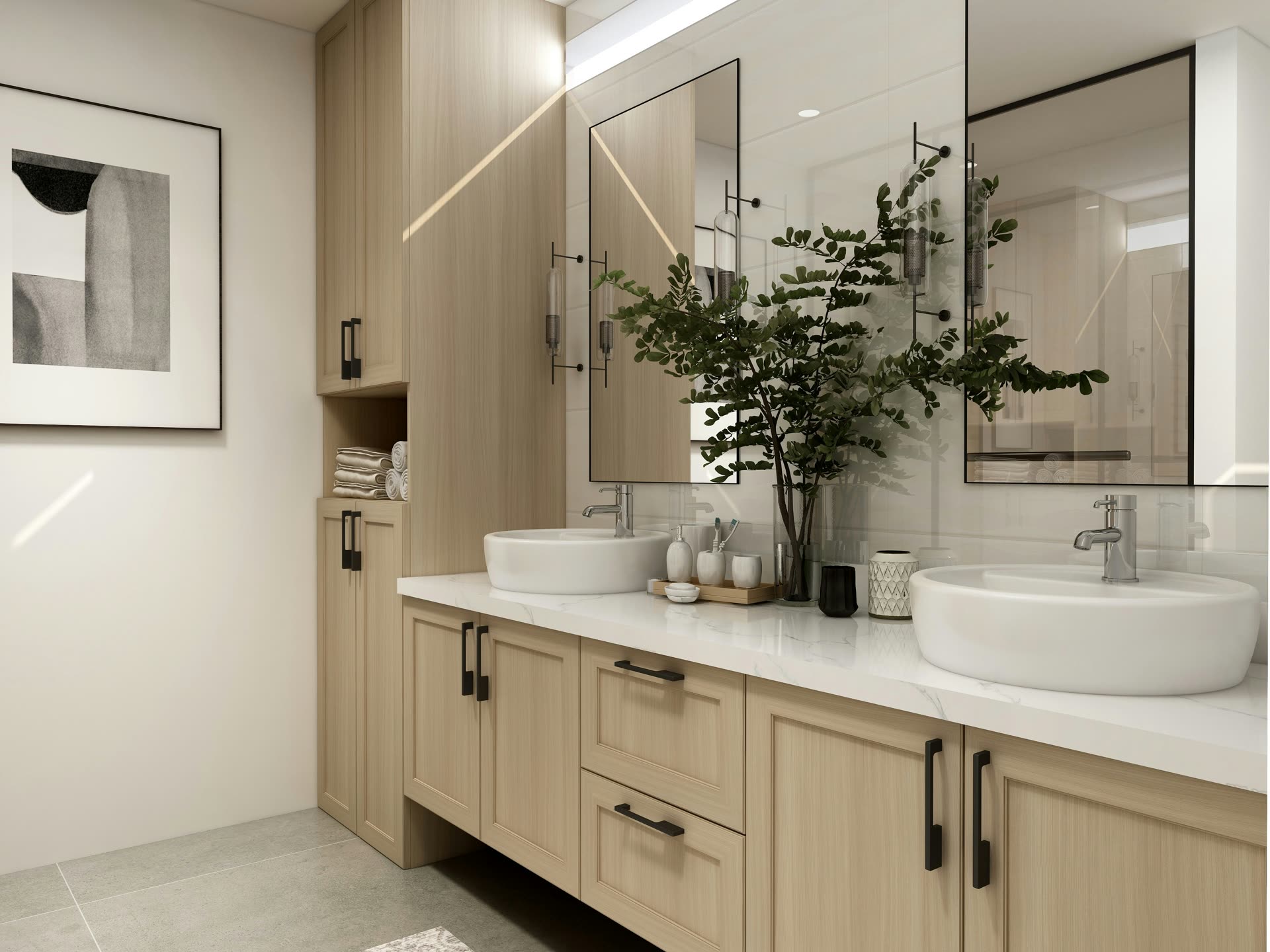 Framed bathroom vanity with integrated basin in a Nairobi home
