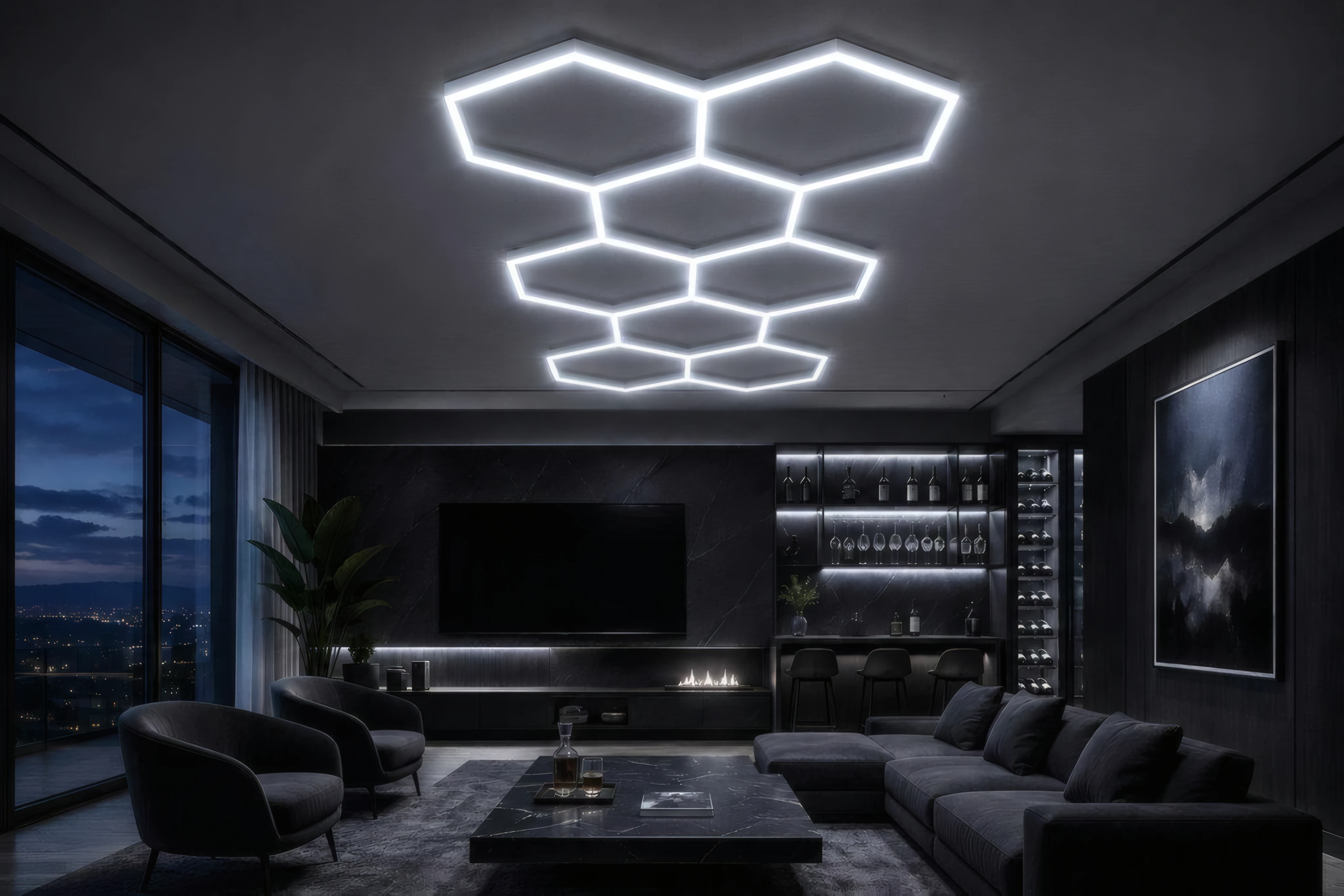 Living room with a honeycomb of hexagon LED lights on a dark ceiling
