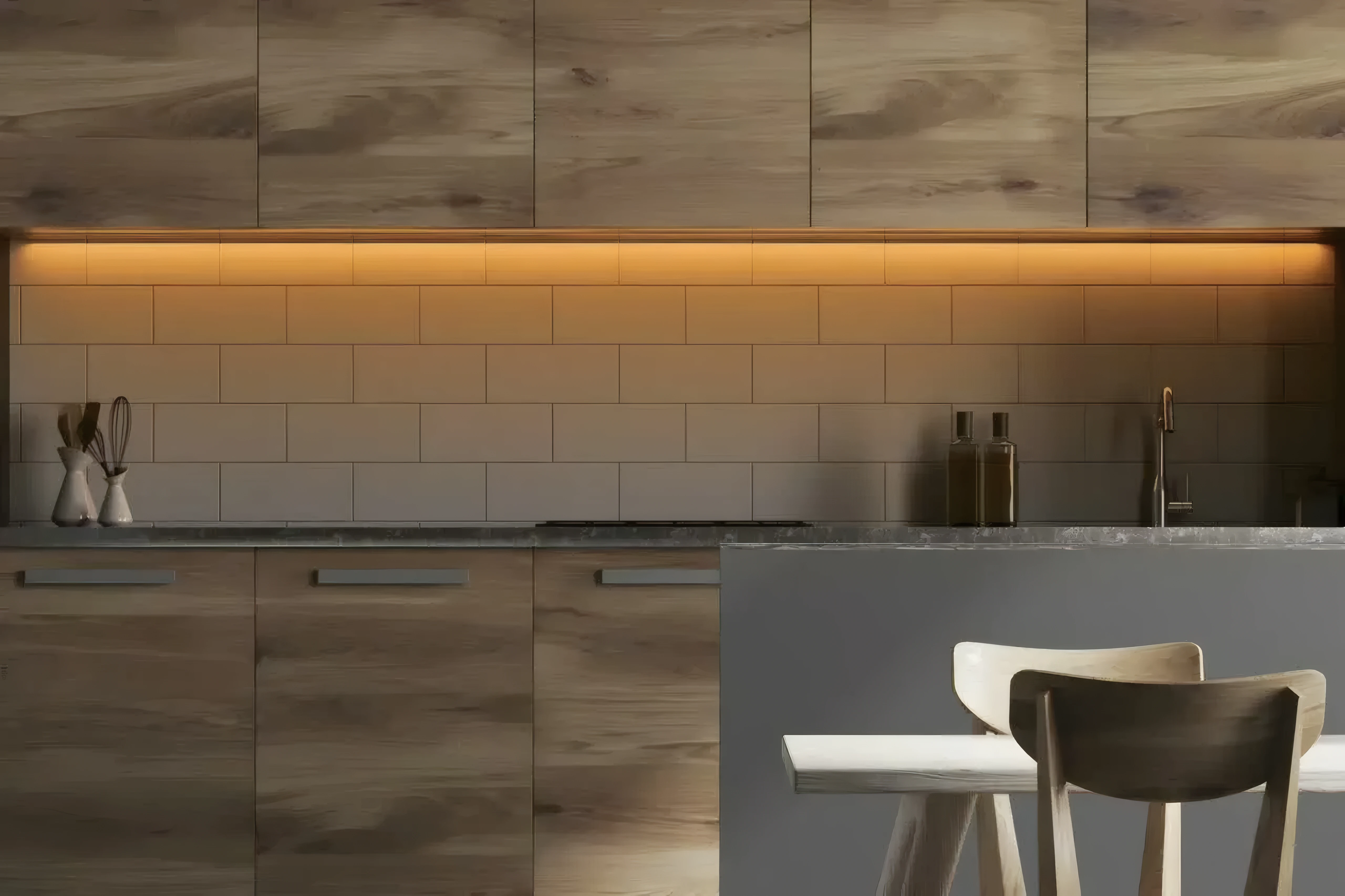 Kitchen with a warm line of LED light under the wall cabinets