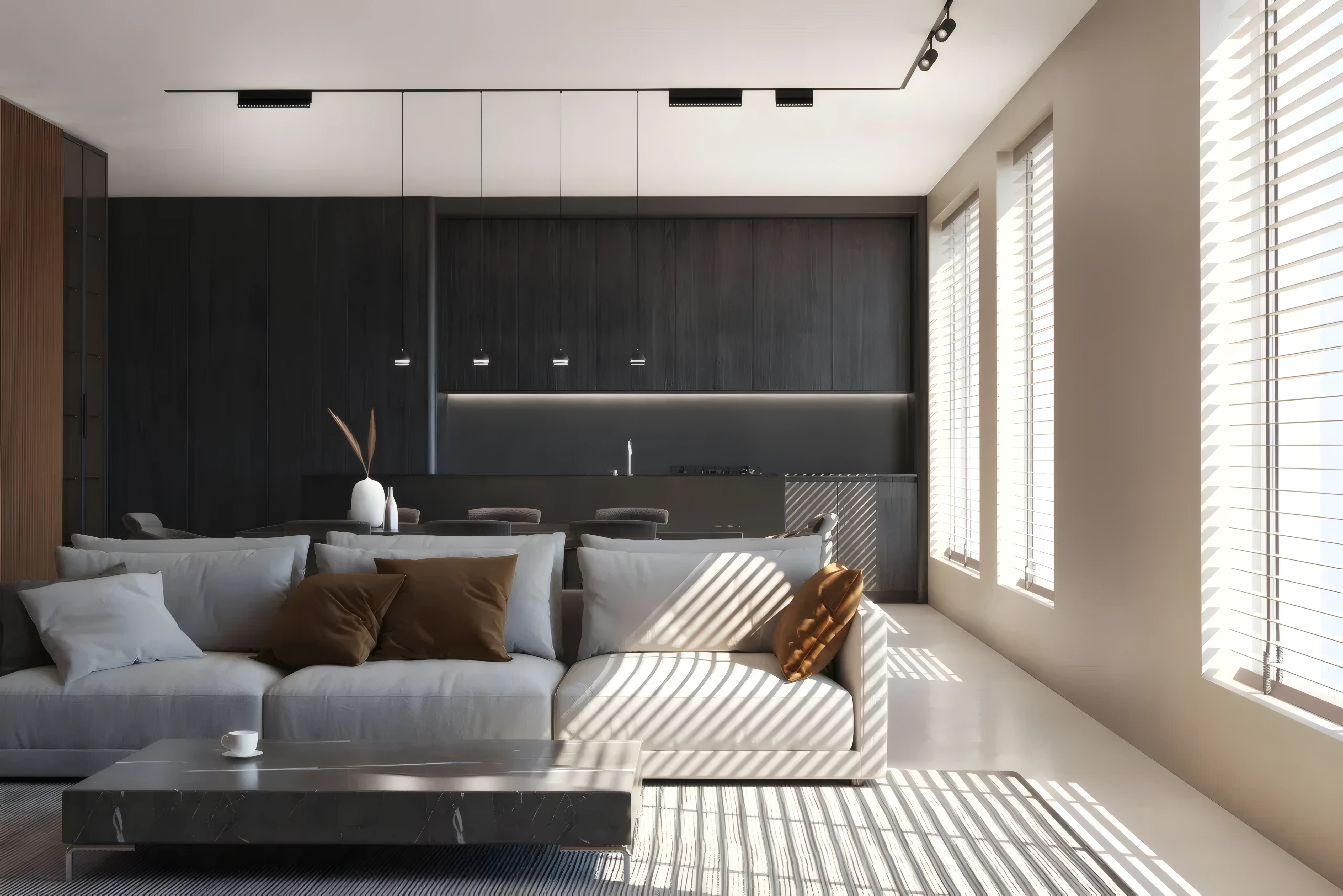 Black magnetic track with linear floods, spots and drop pendants over an open living and kitchen space