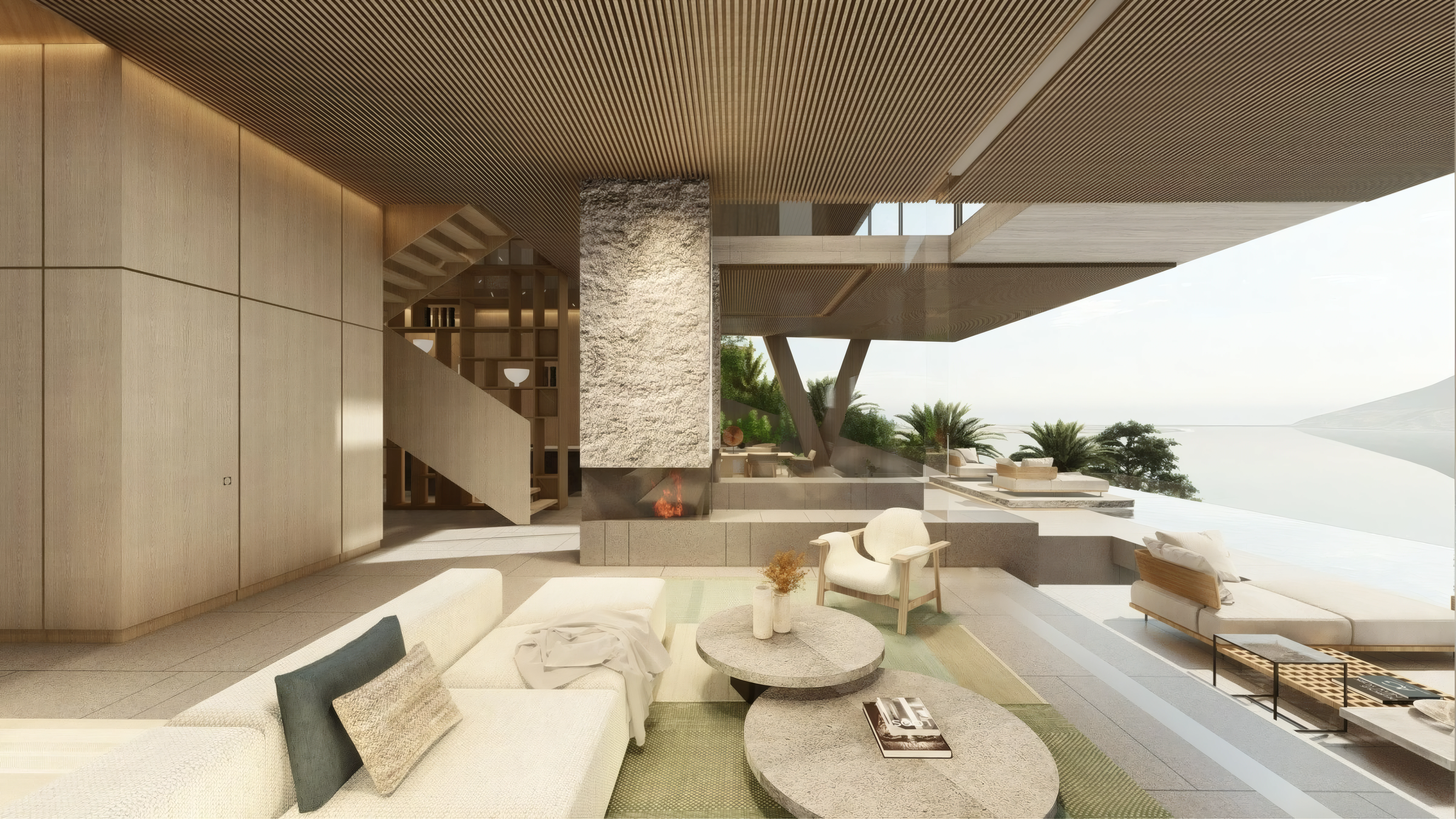 Floating staircase with a softly lit underside rising beside an open living room