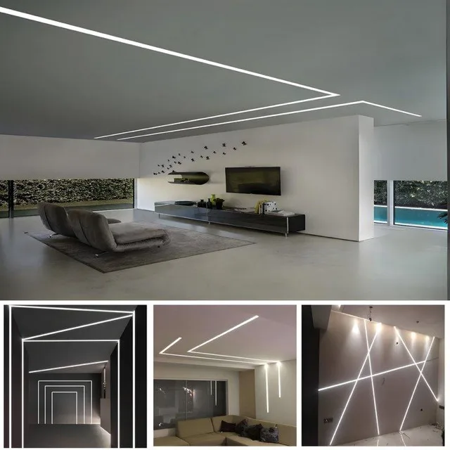 Living room with plaster-in lines of light across the ceiling and walls