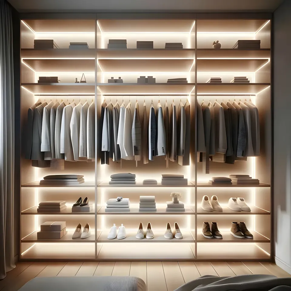 Walk-in wardrobe with lines of light along every shelf