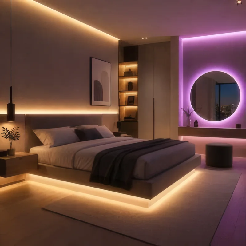 Bedroom with LED strips glowing under the bed and around a round mirror