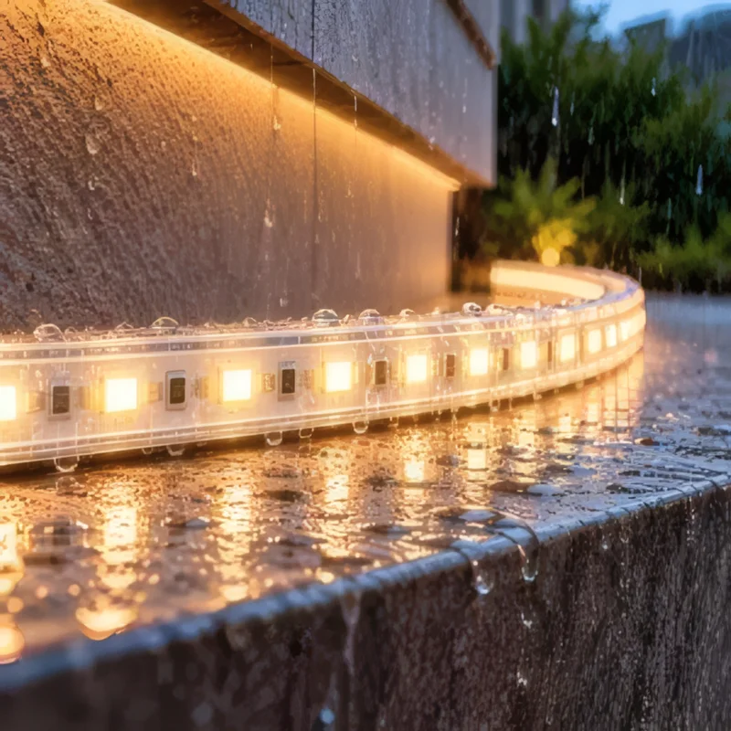 Silicone-coated LED strip lit under a ledge with rain drops on it