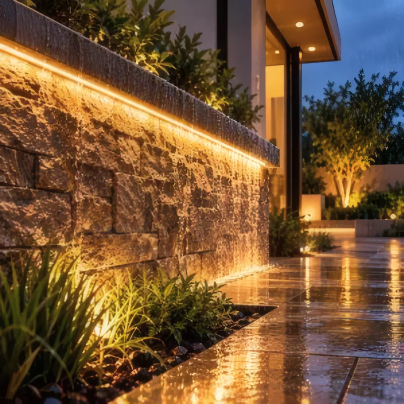 Stone garden wall washed by a warm LED strip under its capping at night