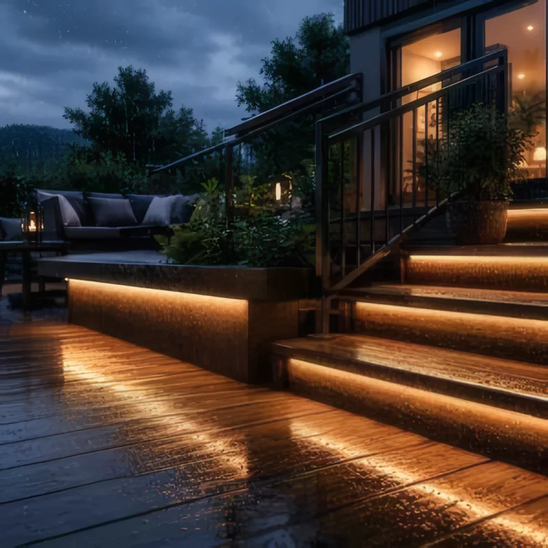 Outdoor deck steps lit by warm LED strips under each tread in the rain