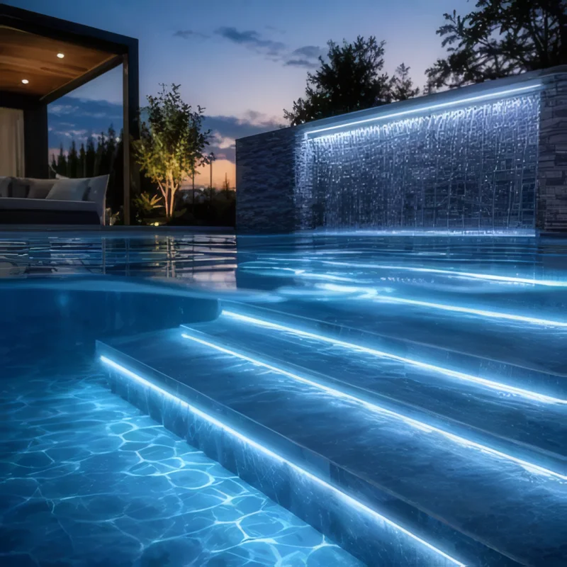 Swimming pool steps lined with blue LED strips beside a lit water wall
