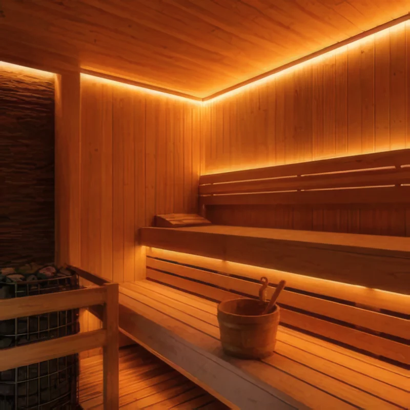 Timber sauna with warm LED strips under the benches and along the ceiling