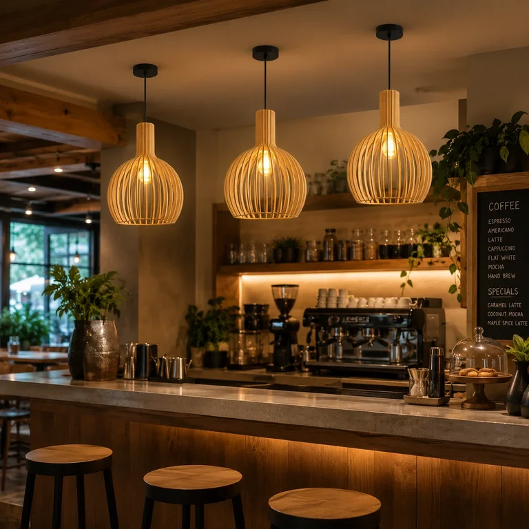 Wooden slat pendants hanging over a bar counter