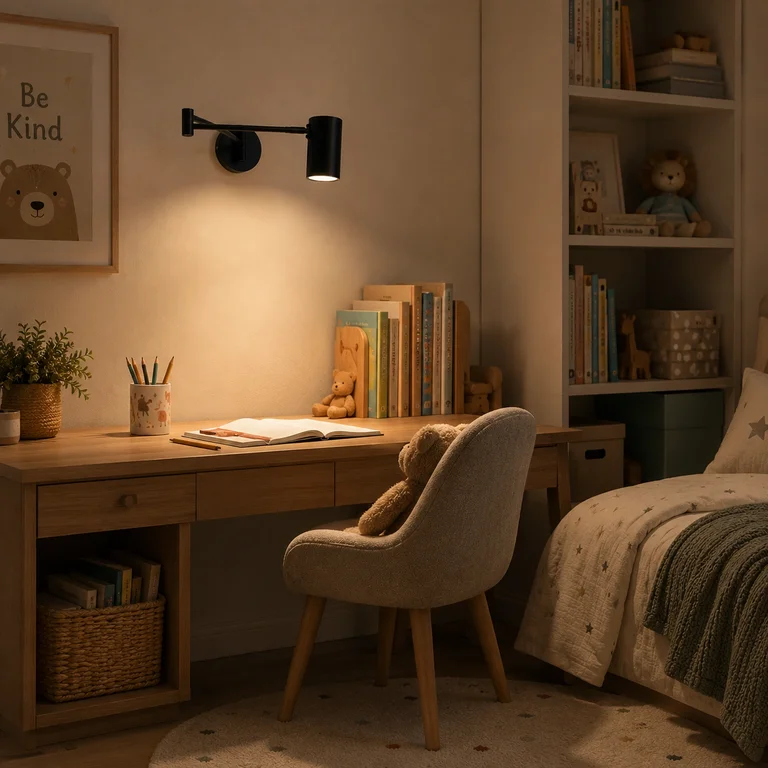 Swing arm wall light beside a bed