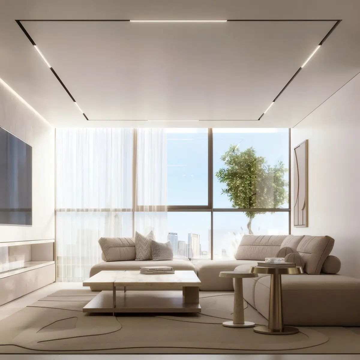 Bright living room with slim black magnetic tracks framing the ceiling and linear light modules
